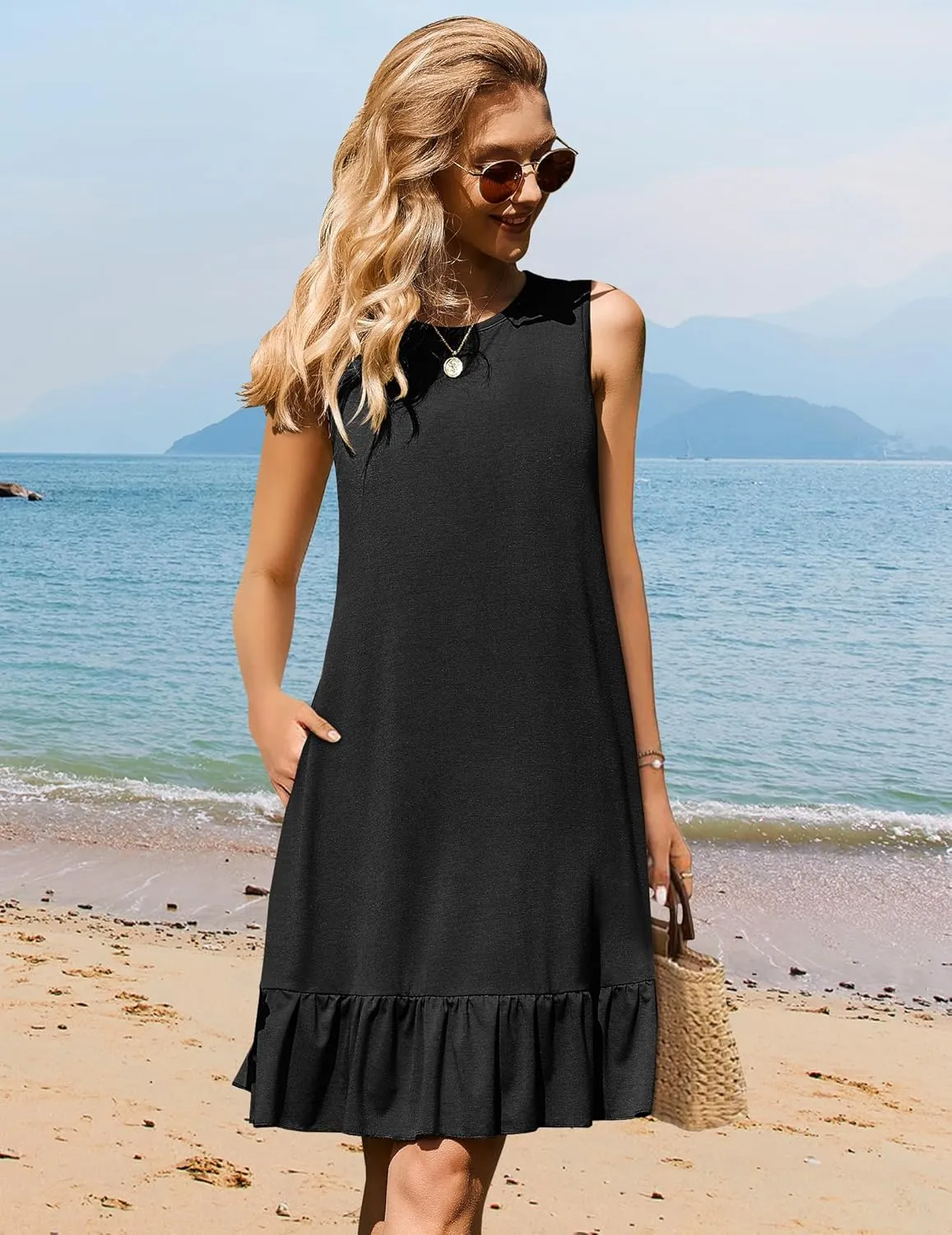 HOTOUCH Women's Summer Dresses Casual Loose Sleeveless Tshirt Sundress Ruffle Hem Tank Dress Beach Dress with Pockets