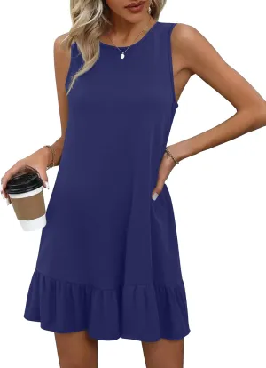 HOTOUCH Women's Summer Dresses Casual Loose Sleeveless Tshirt Sundress Ruffle Hem Tank Dress Beach Dress with Pockets