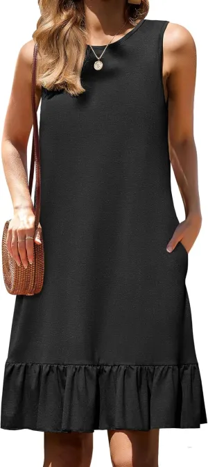 HOTOUCH Women's Summer Dresses Casual Loose Sleeveless Tshirt Sundress Ruffle Hem Tank Dress Beach Dress with Pockets