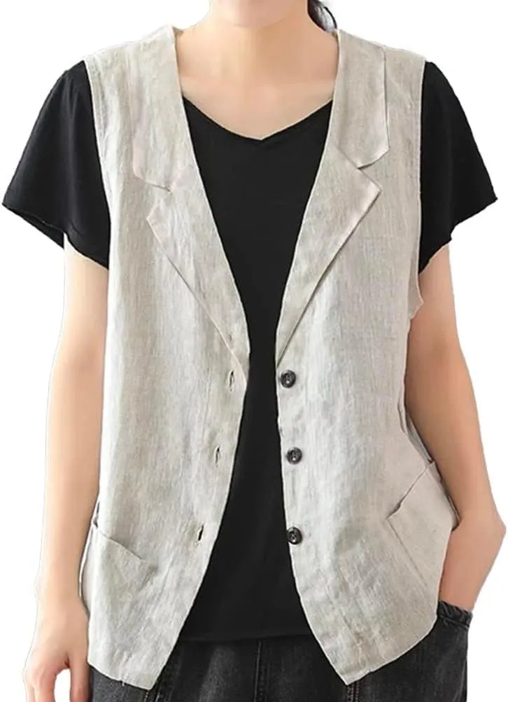 IDEALSANXUN Linen Vest for Women Casual Sleeveless Spring Summer Blazer Jackets