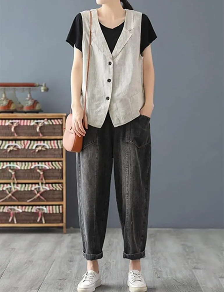 IDEALSANXUN Linen Vest for Women Casual Sleeveless Spring Summer Blazer Jackets