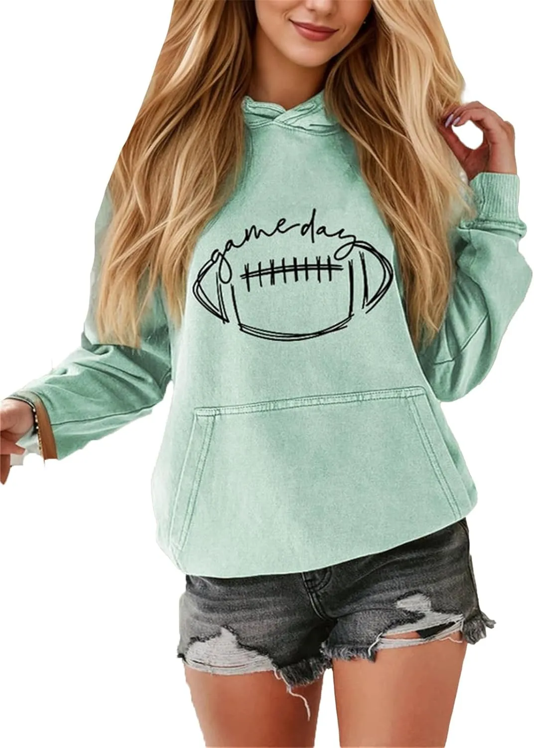 IVERIRMIN Womens Football Game Day Hoodie Vintage Graphic Hooded Sweatshirt Oversized Printed Pullover Tops Long Sleeve Shirt