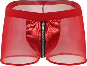 JEsilunmaMY See Through Underwear for Men Mid Waist Leather Zip Pouch Boxer Briefs Mesh Sheer Breathable Lingerie Shorts