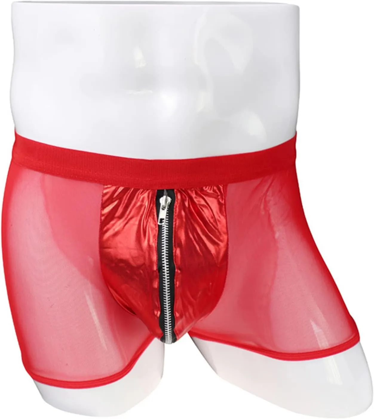 JEsilunmaMY See Through Underwear for Men Mid Waist Leather Zip Pouch Boxer Briefs Mesh Sheer Breathable Lingerie Shorts