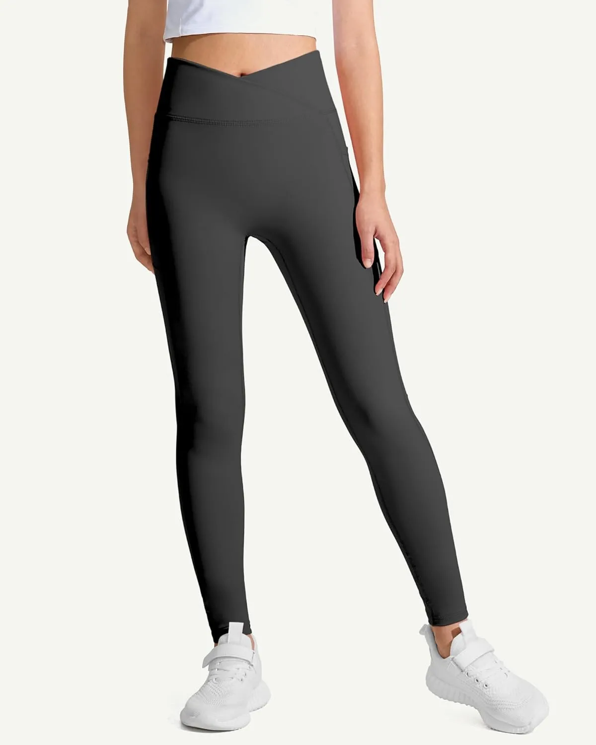 JOCMIC Girls Athletic Leggings Cross High Waist for Kids Yoga Dance Gym Pants with Pocket