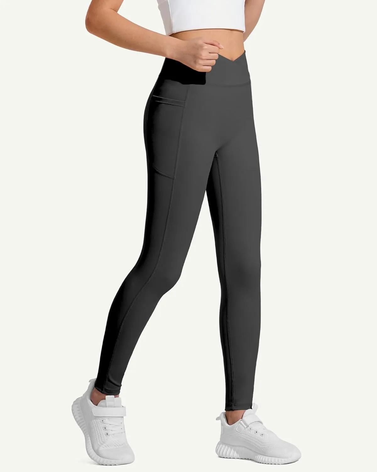 JOCMIC Girls Athletic Leggings Cross High Waist for Kids Yoga Dance Gym Pants with Pocket