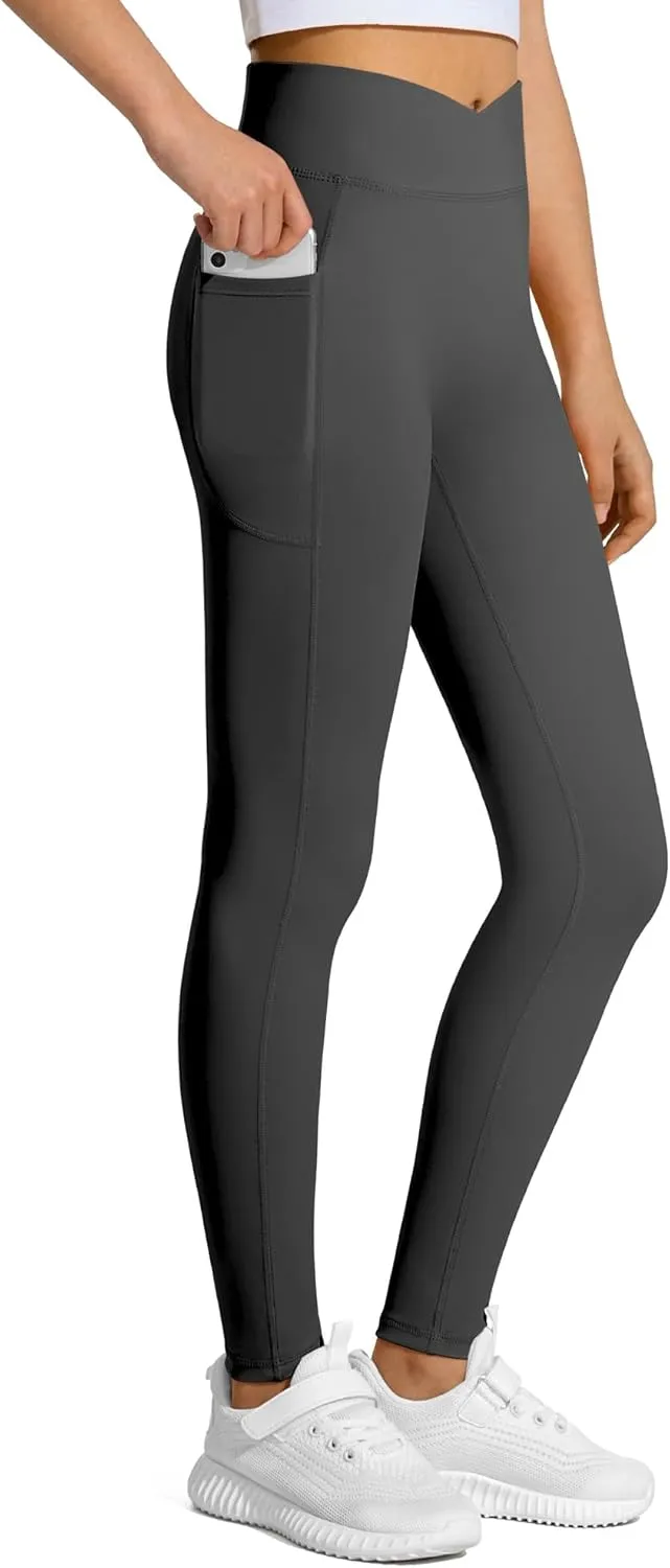 JOCMIC Girls Athletic Leggings Cross High Waist for Kids Yoga Dance Gym Pants with Pocket