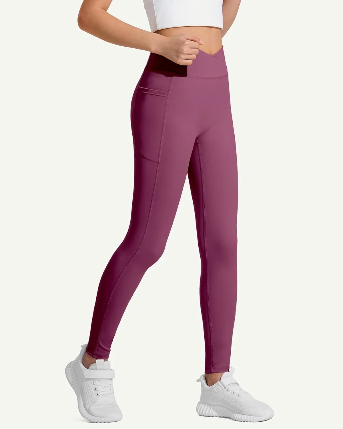 JOCMIC Girls Athletic Leggings Cross High Waist for Kids Yoga Dance Gym Pants with Pocket