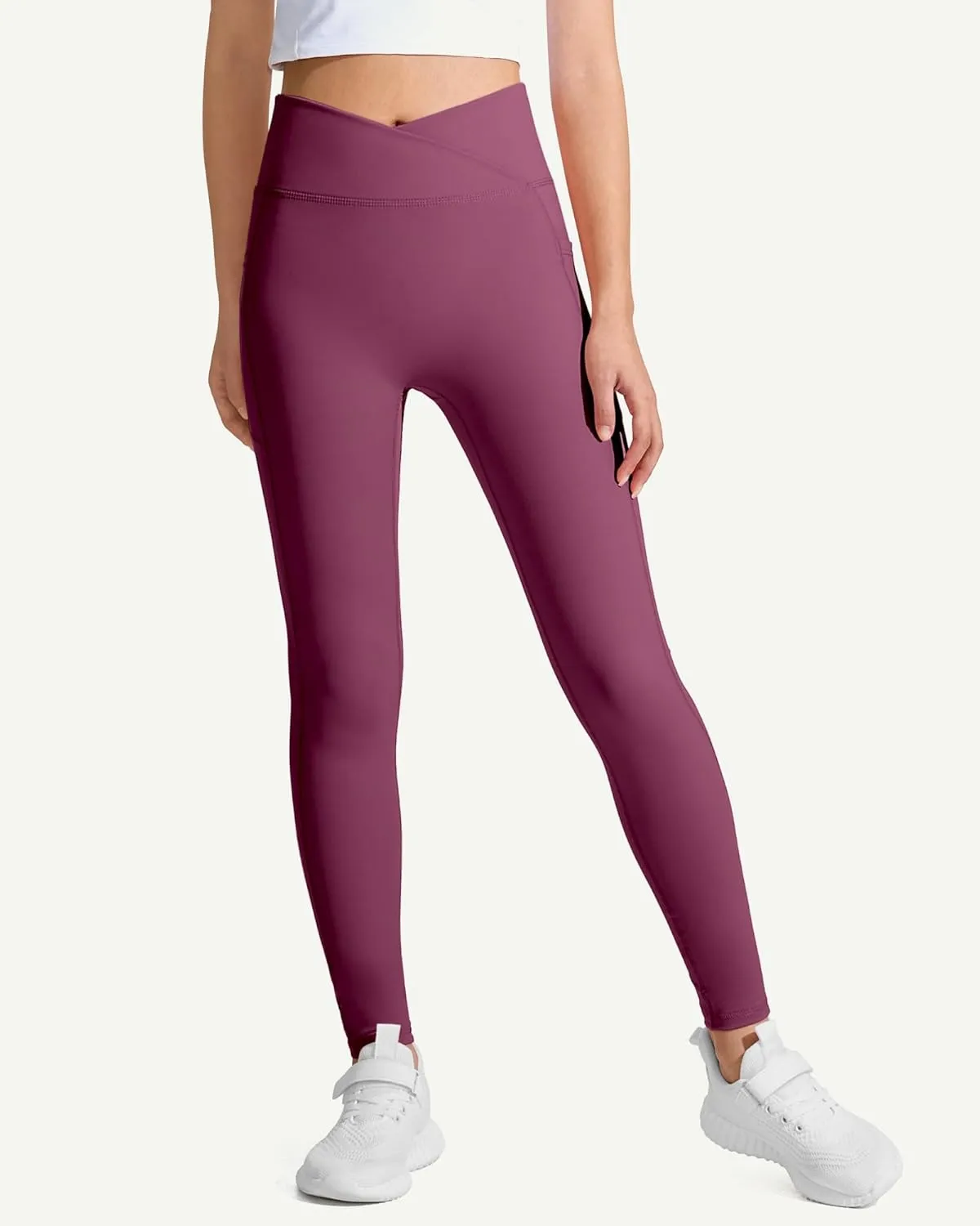 JOCMIC Girls Athletic Leggings Cross High Waist for Kids Yoga Dance Gym Pants with Pocket