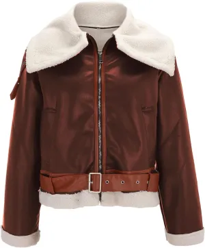 JOFOW Womens Suede Jackets Parka Lapel Fleece Collar Belted Flannel Lined Warm Loose Fashion Coats Plus Size XXL