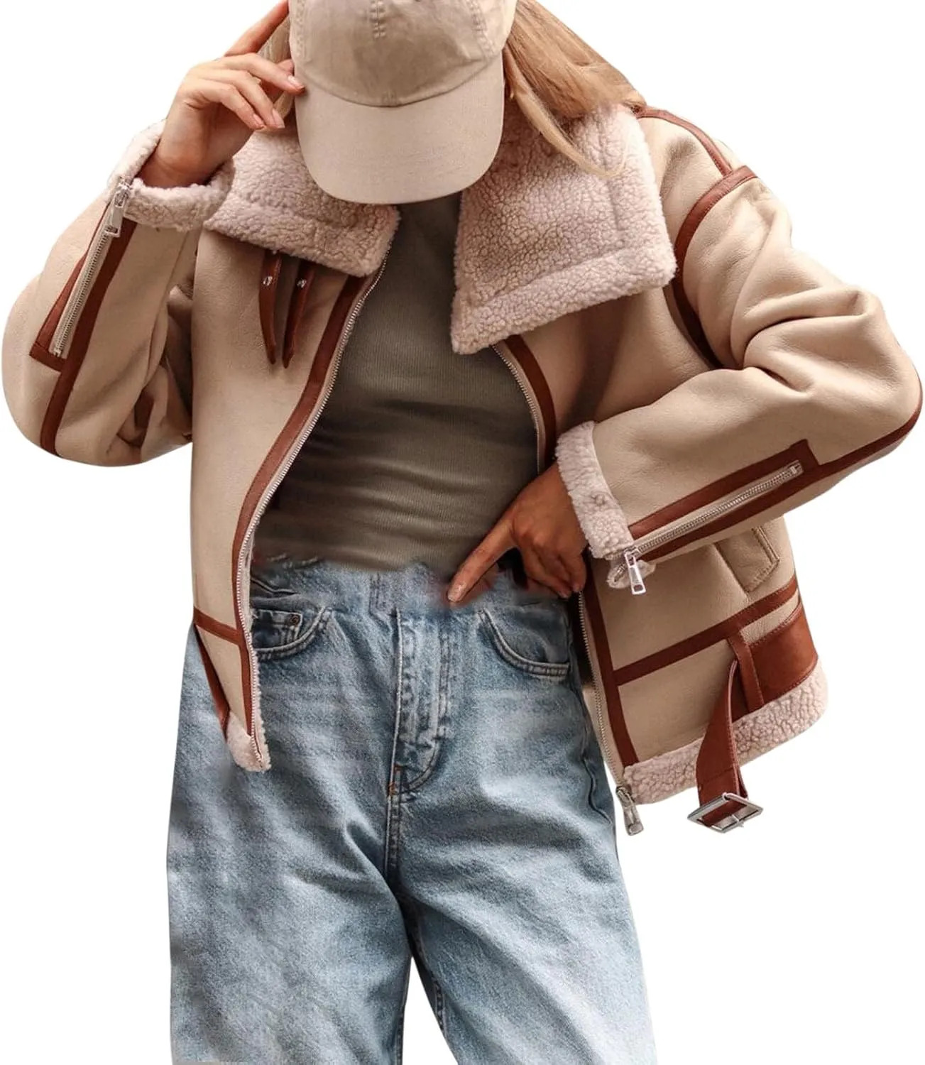 JOFOW Womens Suede Jackets Parka Lapel Fleece Collar Belted Flannel Lined Warm Loose Fashion Coats Plus Size XXL