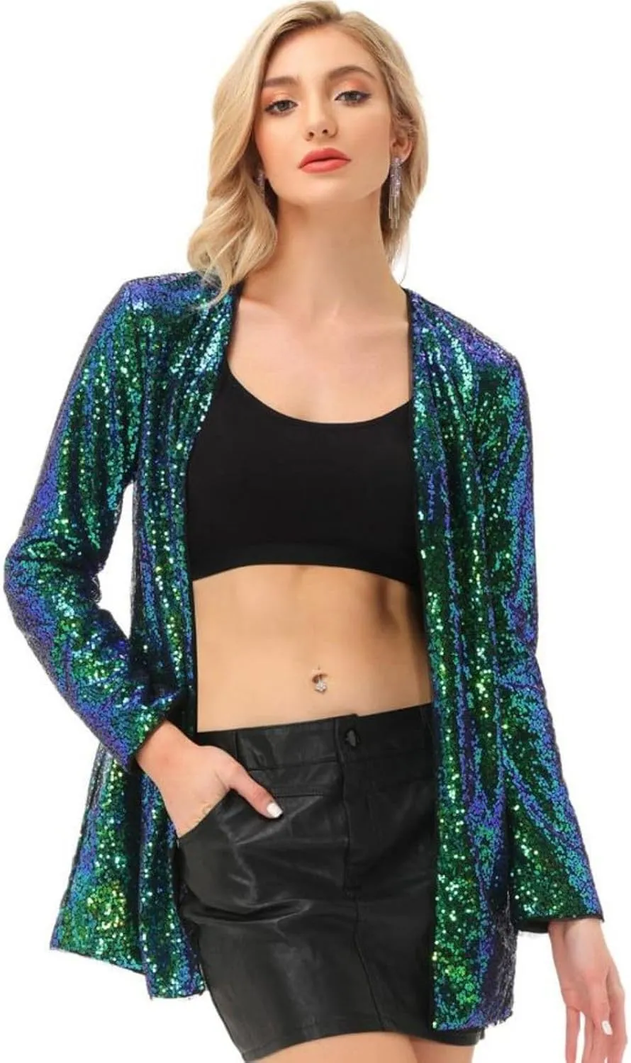 KANCY KOLE Women's Sequin Jacket Open Front Sparkly Jacket Blazer Casual Long Sleeve Cardigan Coat S-XXL