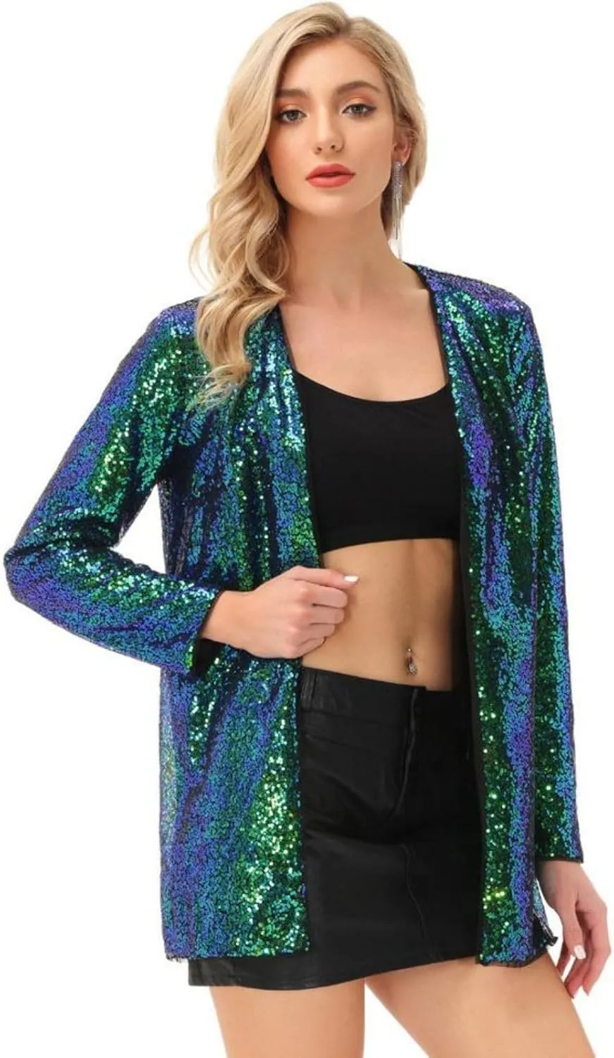 KANCY KOLE Women's Sequin Jacket Open Front Sparkly Jacket Blazer Casual Long Sleeve Cardigan Coat S-XXL