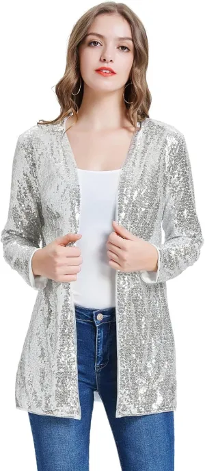 KANCY KOLE Women's Sequin Jacket Open Front Sparkly Jacket Blazer Casual Long Sleeve Cardigan Coat S-XXL