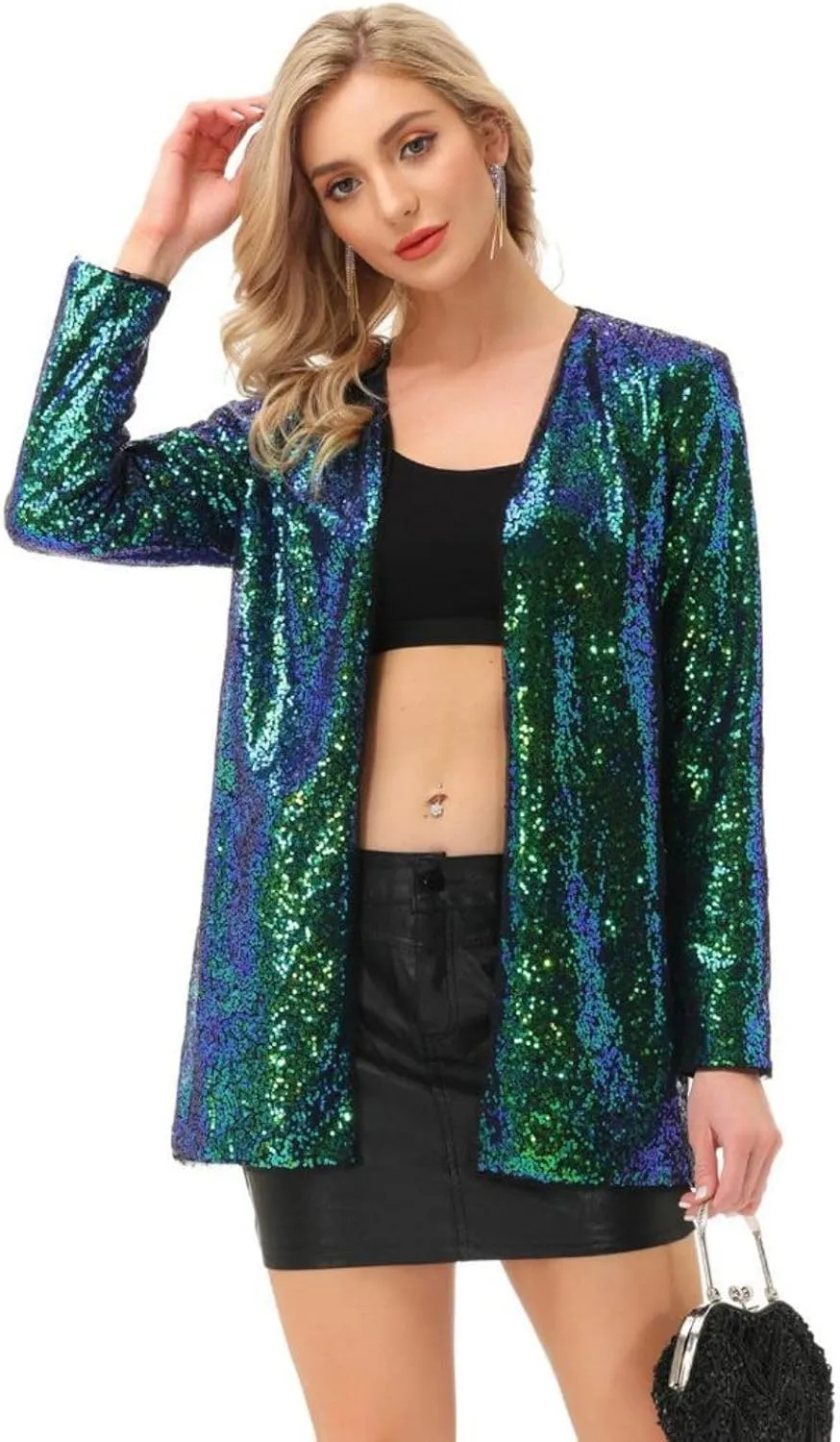 KANCY KOLE Women's Sequin Jacket Open Front Sparkly Jacket Blazer Casual Long Sleeve Cardigan Coat S-XXL