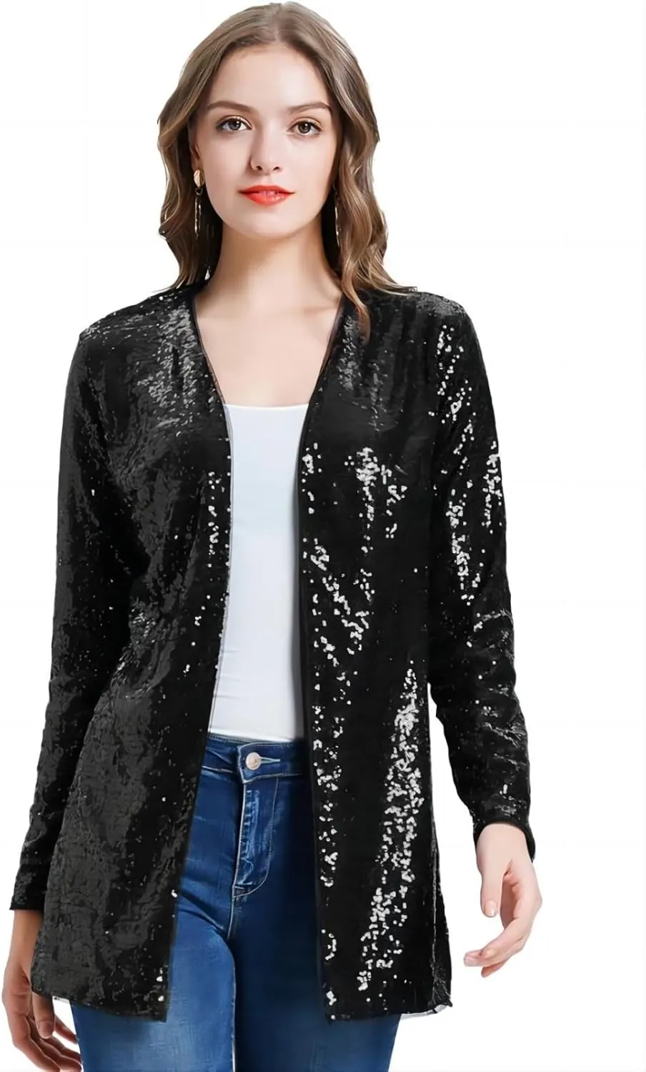KANCY KOLE Women's Sequin Jacket Open Front Sparkly Jacket Blazer Casual Long Sleeve Cardigan Coat S-XXL