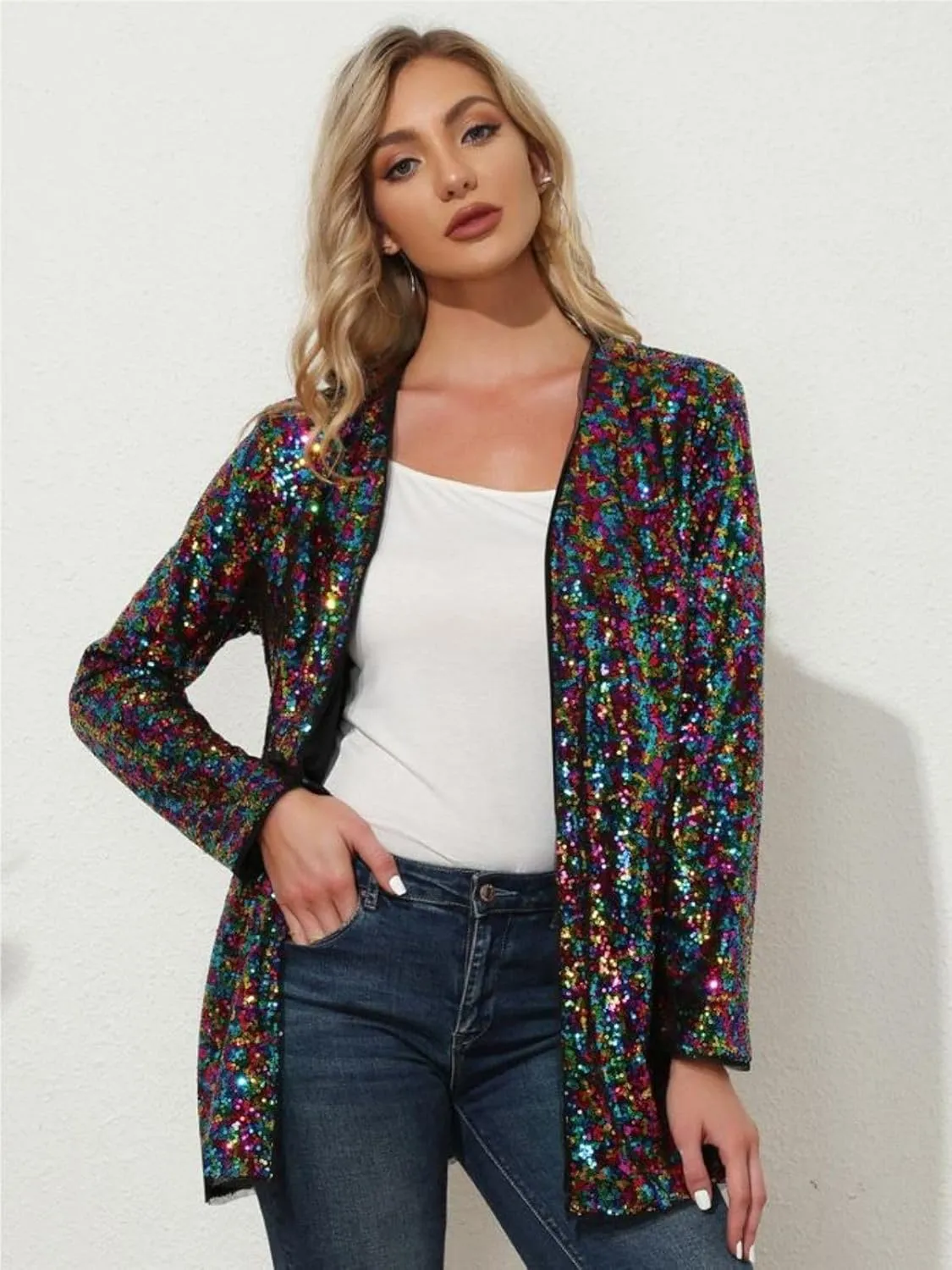 KANCY KOLE Women's Sequin Jacket Open Front Sparkly Jacket Blazer Casual Long Sleeve Cardigan Coat S-XXL