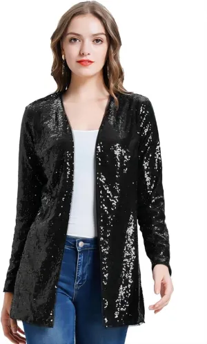 KANCY KOLE Women's Sequin Jacket Open Front Sparkly Jacket Blazer Casual Long Sleeve Cardigan Coat S-XXL