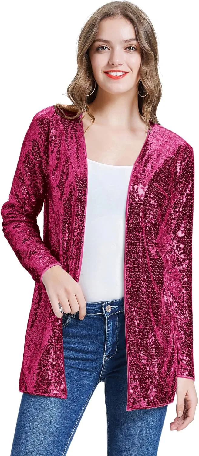 KANCY KOLE Women's Sequin Jacket Open Front Sparkly Jacket Blazer Casual Long Sleeve Cardigan Coat S-XXL