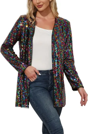 KANCY KOLE Women's Sequin Jacket Open Front Sparkly Jacket Blazer Casual Long Sleeve Cardigan Coat S-XXL