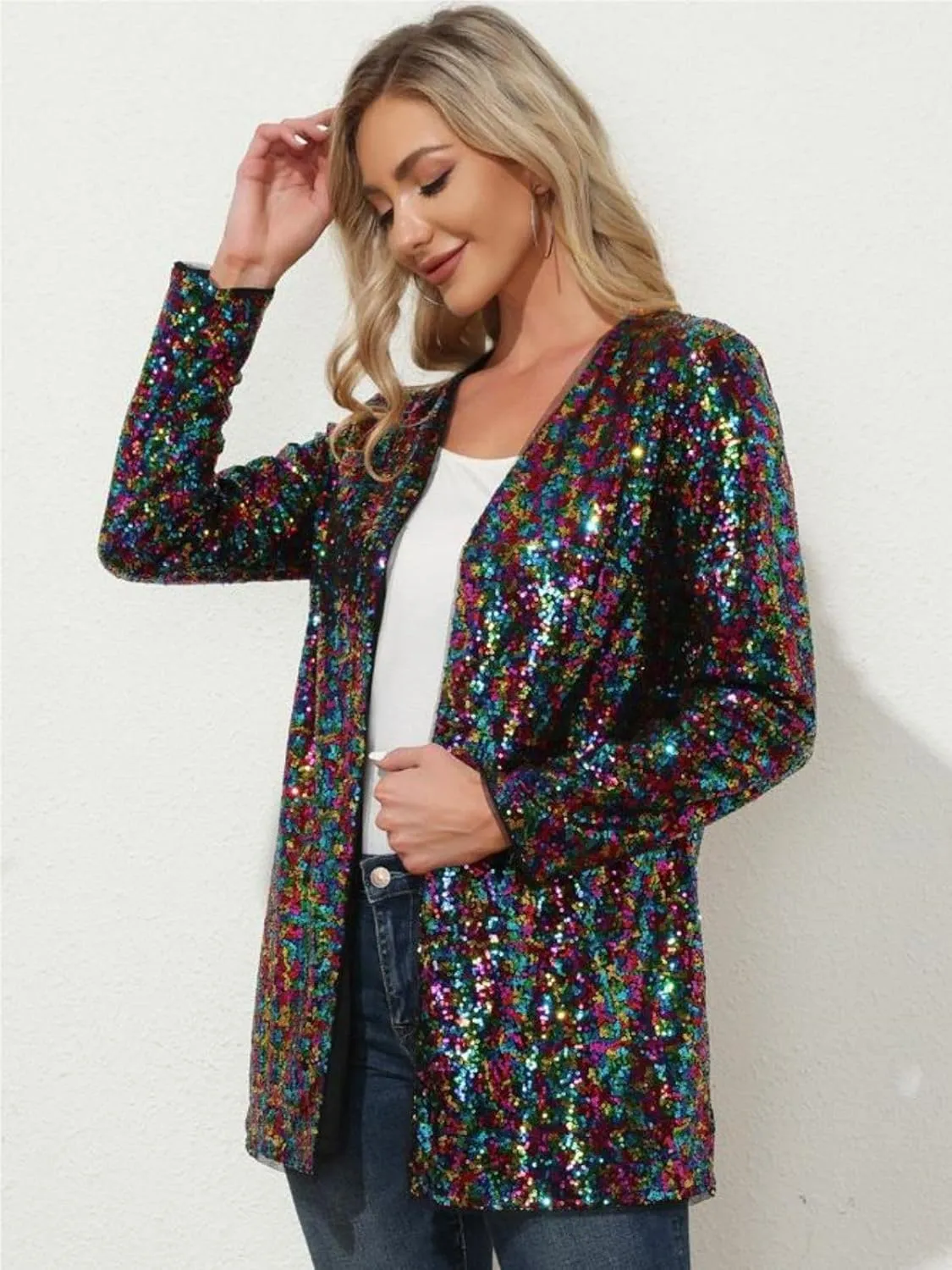 KANCY KOLE Women's Sequin Jacket Open Front Sparkly Jacket Blazer Casual Long Sleeve Cardigan Coat S-XXL