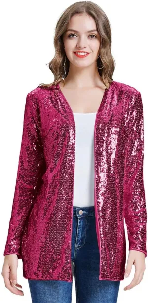 KANCY KOLE Women's Sequin Jacket Open Front Sparkly Jacket Blazer Casual Long Sleeve Cardigan Coat S-XXL
