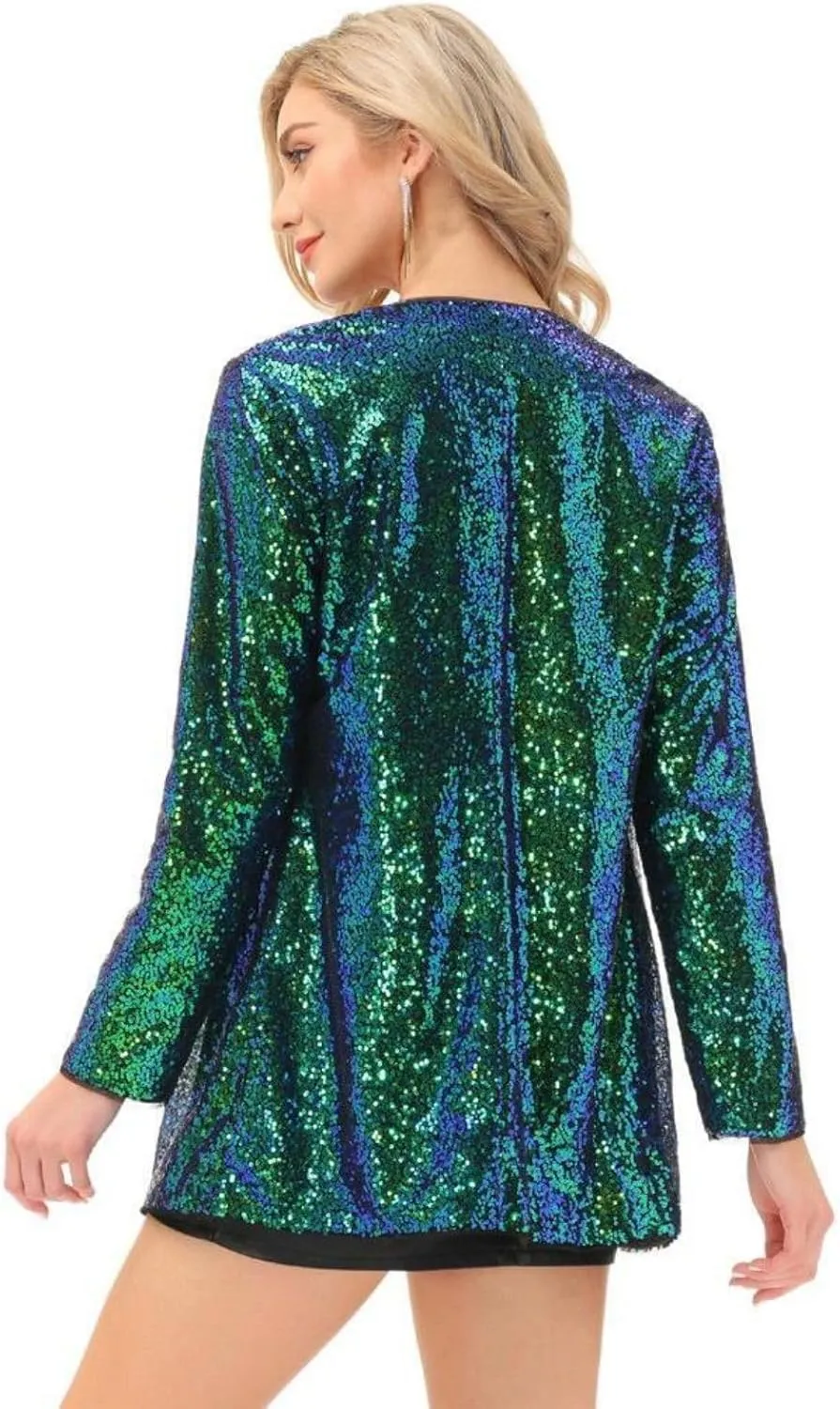 KANCY KOLE Women's Sequin Jacket Open Front Sparkly Jacket Blazer Casual Long Sleeve Cardigan Coat S-XXL