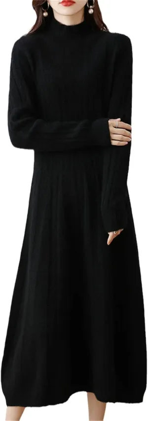 Kelsiop Dresses Cashmere Sweaters Knit Dresses 100% Merino Wool Womens High Neck Office Skirts