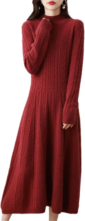 Kelsiop Dresses Cashmere Sweaters Knit Dresses 100% Merino Wool Womens High Neck Office Skirts