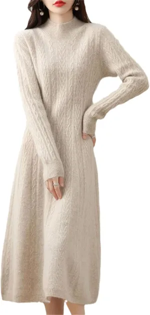 Kelsiop Dresses Cashmere Sweaters Knit Dresses 100% Merino Wool Womens High Neck Office Skirts