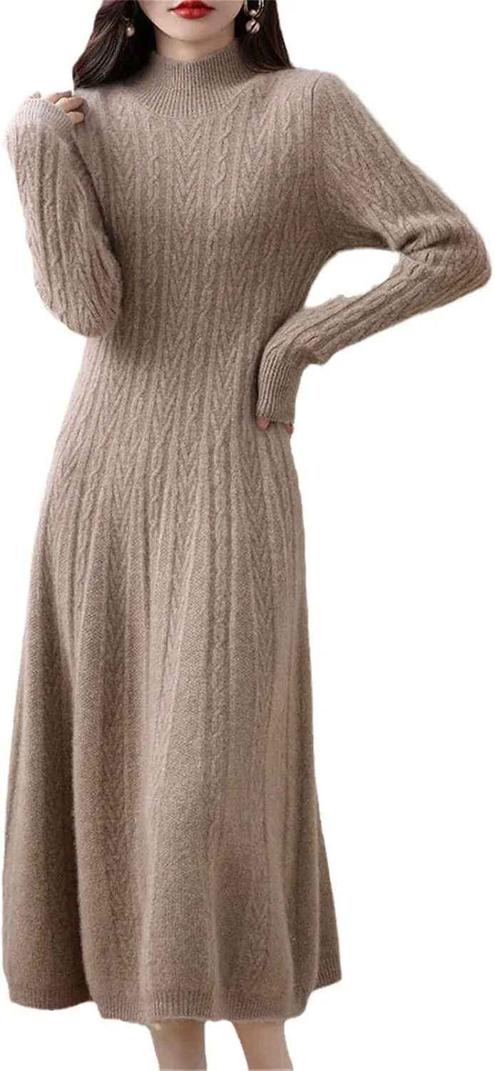 Kelsiop Dresses Cashmere Sweaters Knit Dresses 100% Merino Wool Womens High Neck Office Skirts
