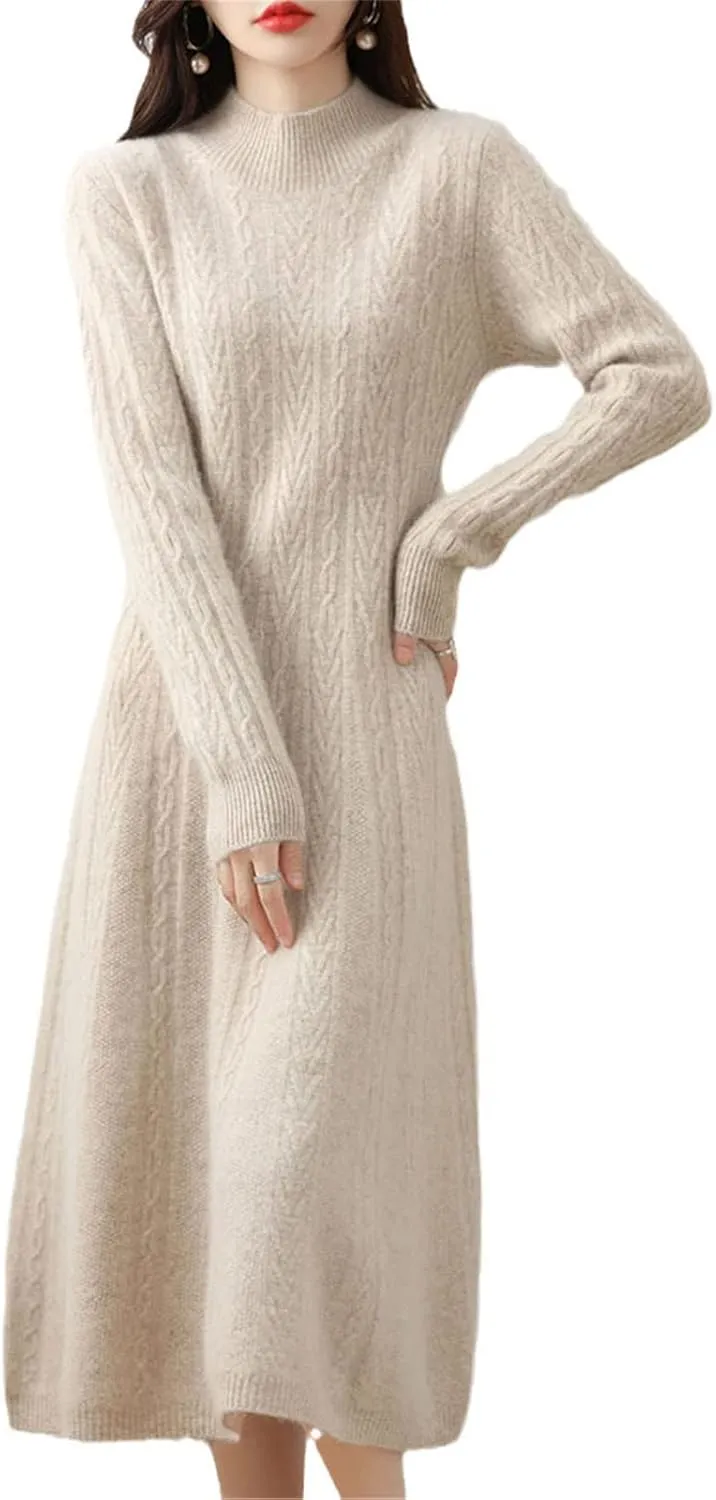 Kelsiop Dresses Cashmere Sweaters Knit Dresses 100% Merino Wool Womens High Neck Office Skirts