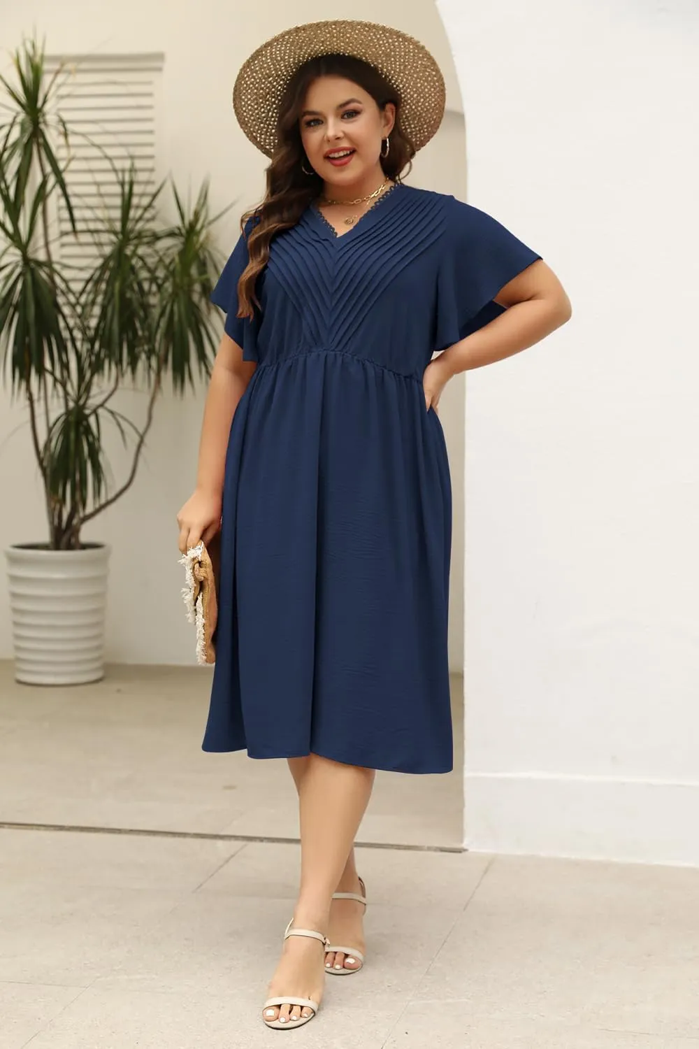 Keluummi Plus Size Dresses for Curvy Women, Summer Casual Midi Dress with Empire Waist and Pocket