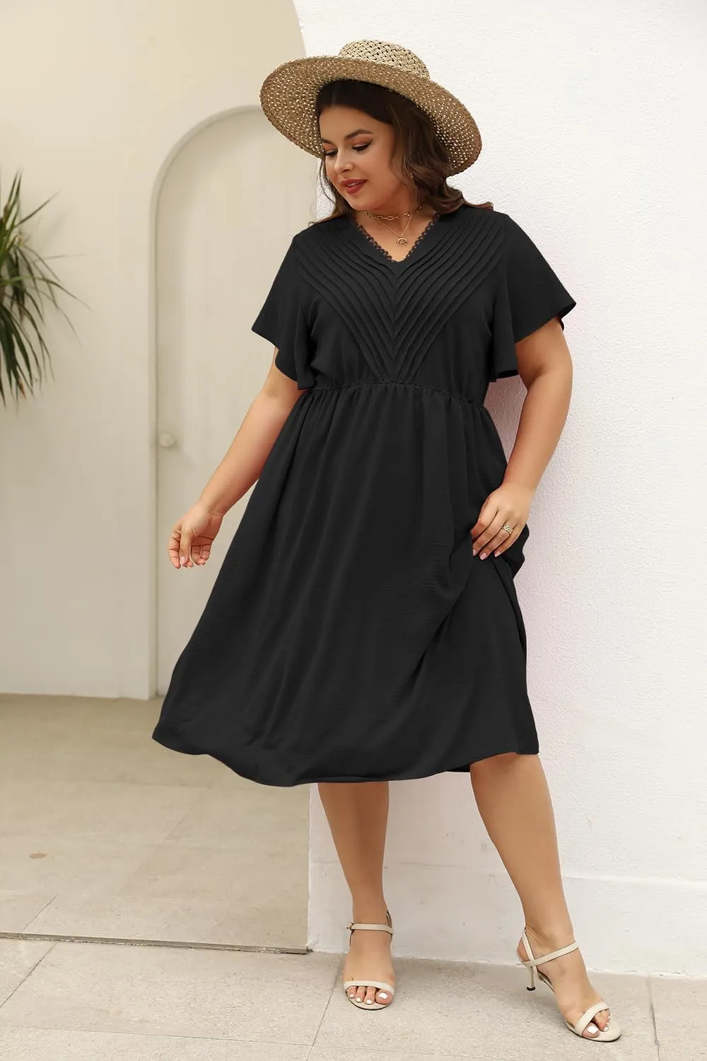 Keluummi Plus Size Dresses for Curvy Women, Summer Casual Midi Dress with Empire Waist and Pocket