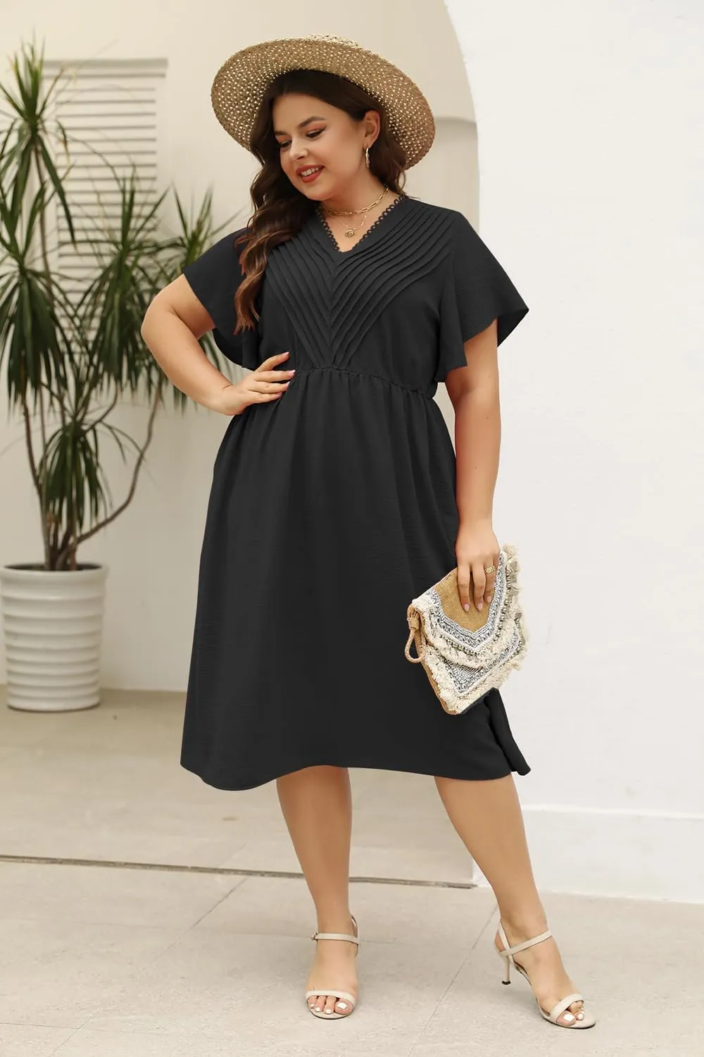 Keluummi Plus Size Dresses for Curvy Women, Summer Casual Midi Dress with Empire Waist and Pocket
