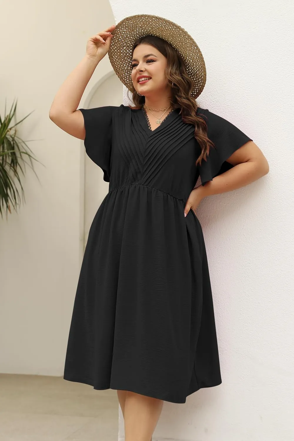 Keluummi Plus Size Dresses for Curvy Women, Summer Casual Midi Dress with Empire Waist and Pocket