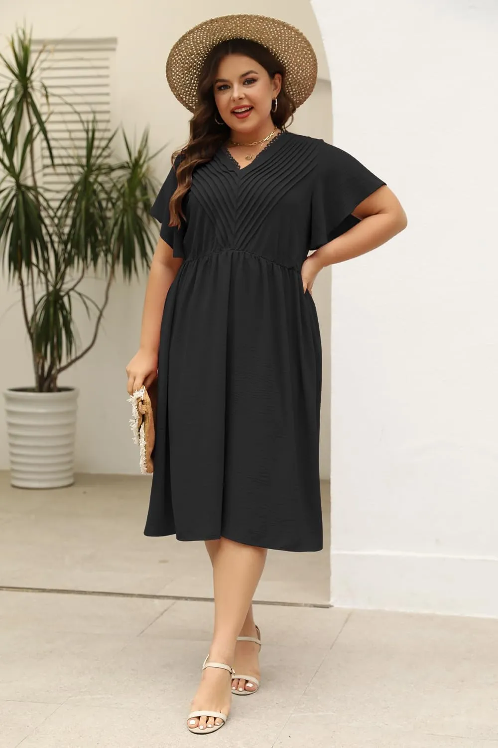 Keluummi Plus Size Dresses for Curvy Women, Summer Casual Midi Dress with Empire Waist and Pocket