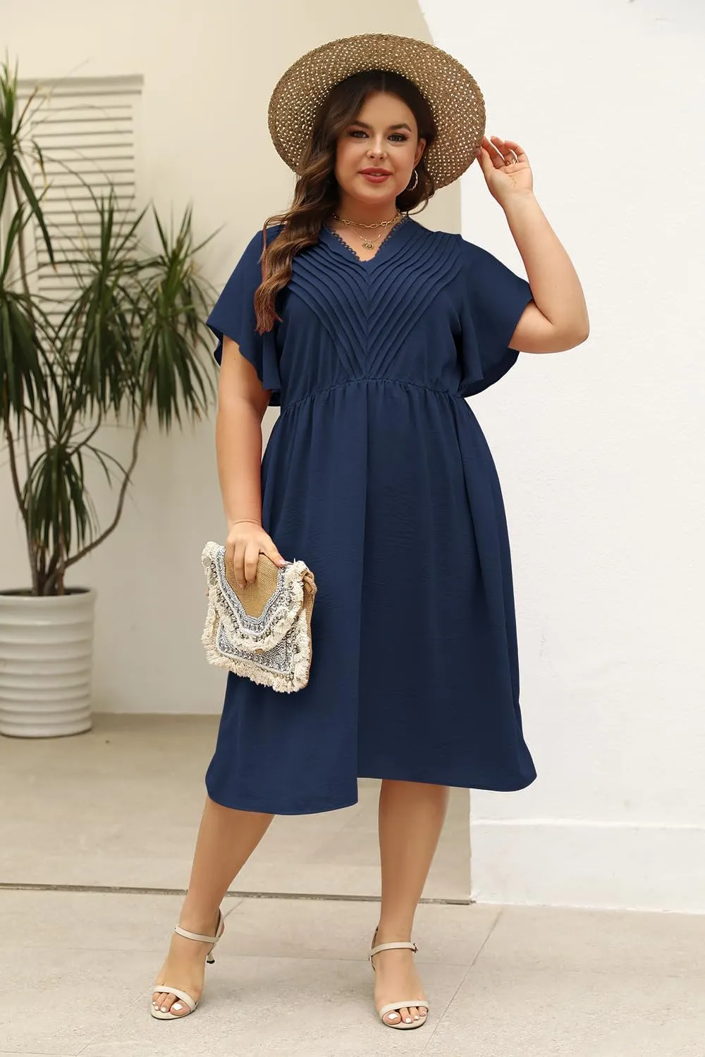 Keluummi Plus Size Dresses for Curvy Women, Summer Casual Midi Dress with Empire Waist and Pocket
