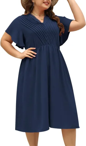 Keluummi Plus Size Dresses for Curvy Women, Summer Casual Midi Dress with Empire Waist and Pocket