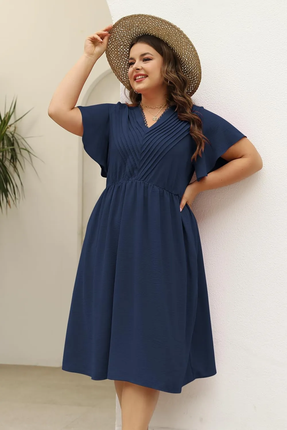 Keluummi Plus Size Dresses for Curvy Women, Summer Casual Midi Dress with Empire Waist and Pocket