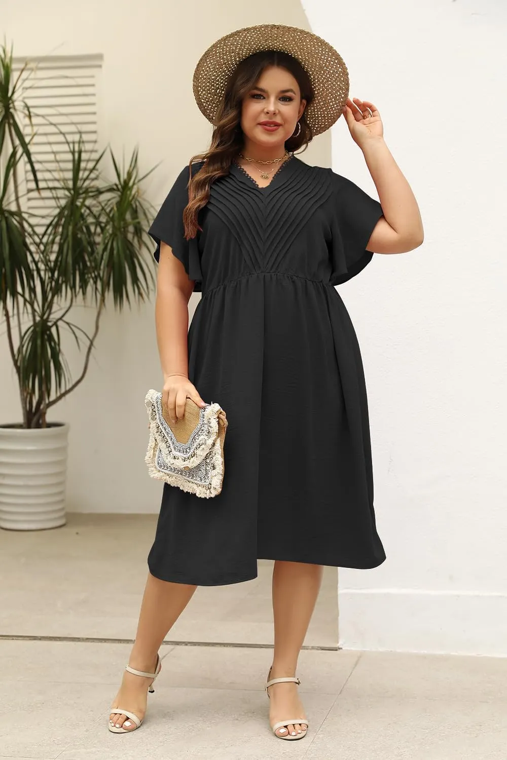 Keluummi Plus Size Dresses for Curvy Women, Summer Casual Midi Dress with Empire Waist and Pocket