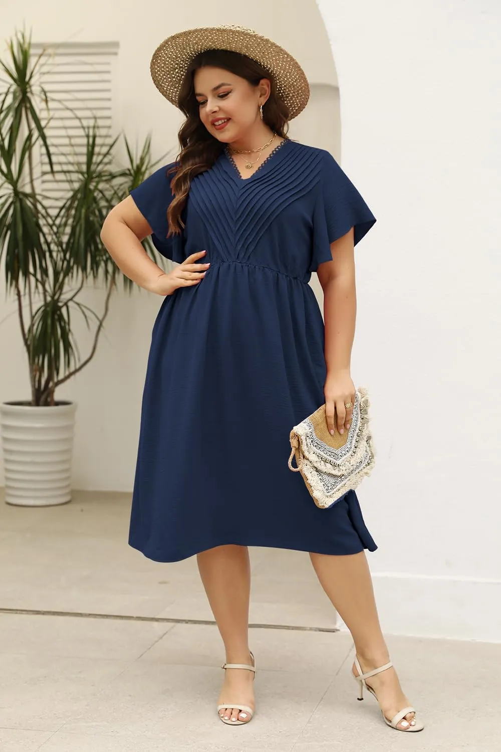 Keluummi Plus Size Dresses for Curvy Women, Summer Casual Midi Dress with Empire Waist and Pocket