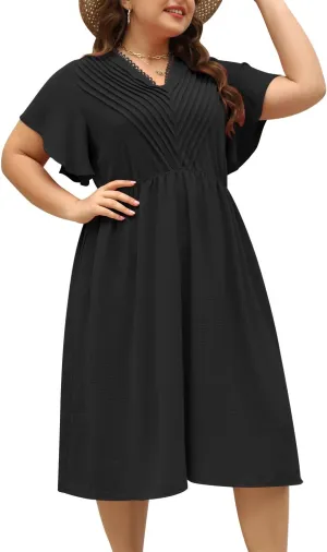 Keluummi Plus Size Dresses for Curvy Women, Summer Casual Midi Dress with Empire Waist and Pocket