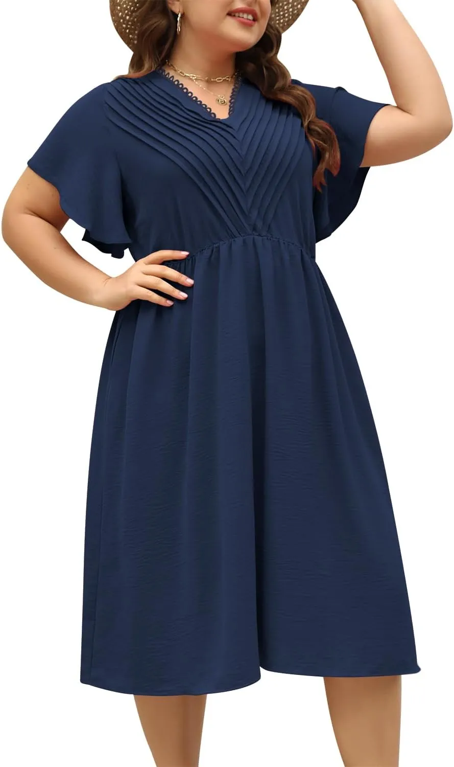 Keluummi Plus Size Dresses for Curvy Women, Summer Casual Midi Dress with Empire Waist and Pocket