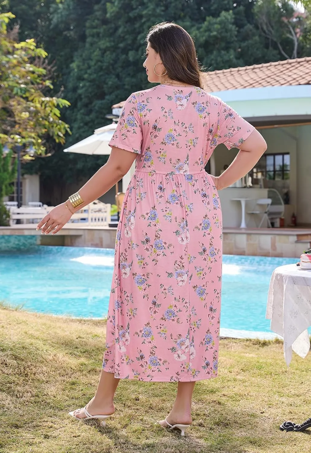 Keluummi Plus Size Summer Maxi Dresses for Curvy Women, Casual Floral Long Wedding Guest Sundress with Pockets