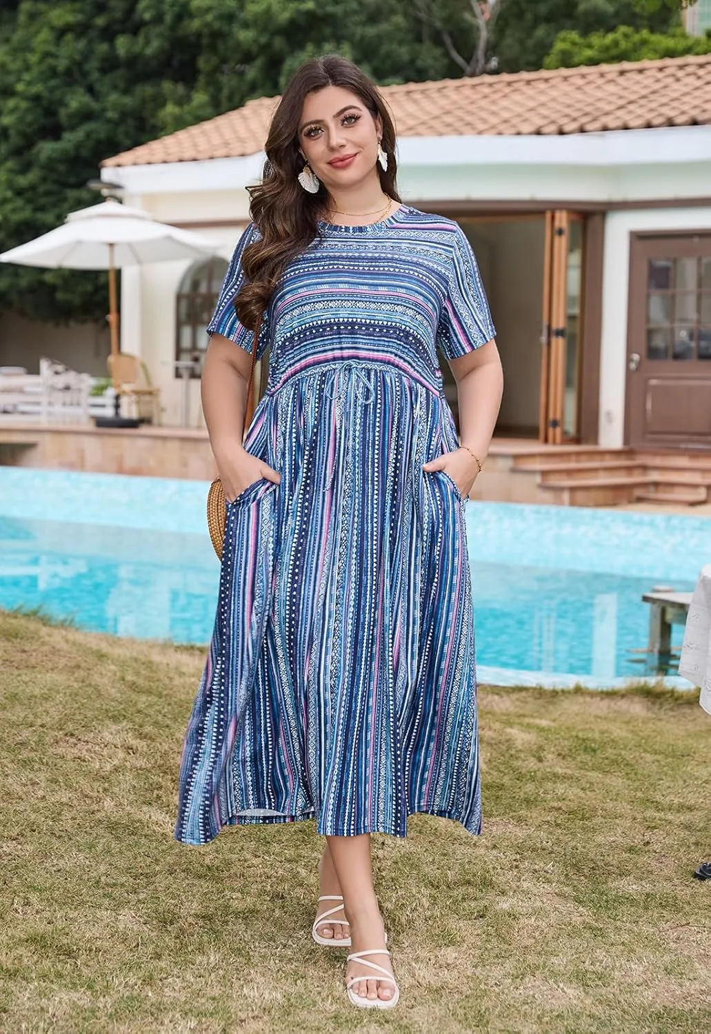 Keluummi Plus Size Summer Maxi Dresses for Curvy Women, Casual Floral Long Wedding Guest Sundress with Pockets