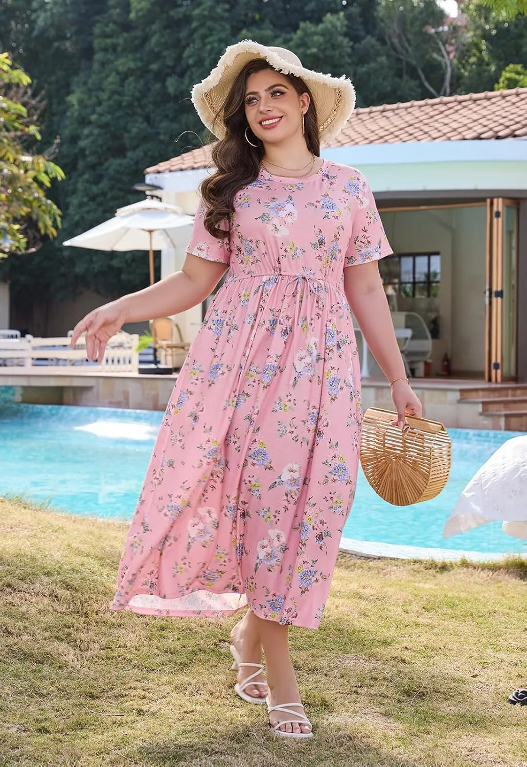 Keluummi Plus Size Summer Maxi Dresses for Curvy Women, Casual Floral Long Wedding Guest Sundress with Pockets