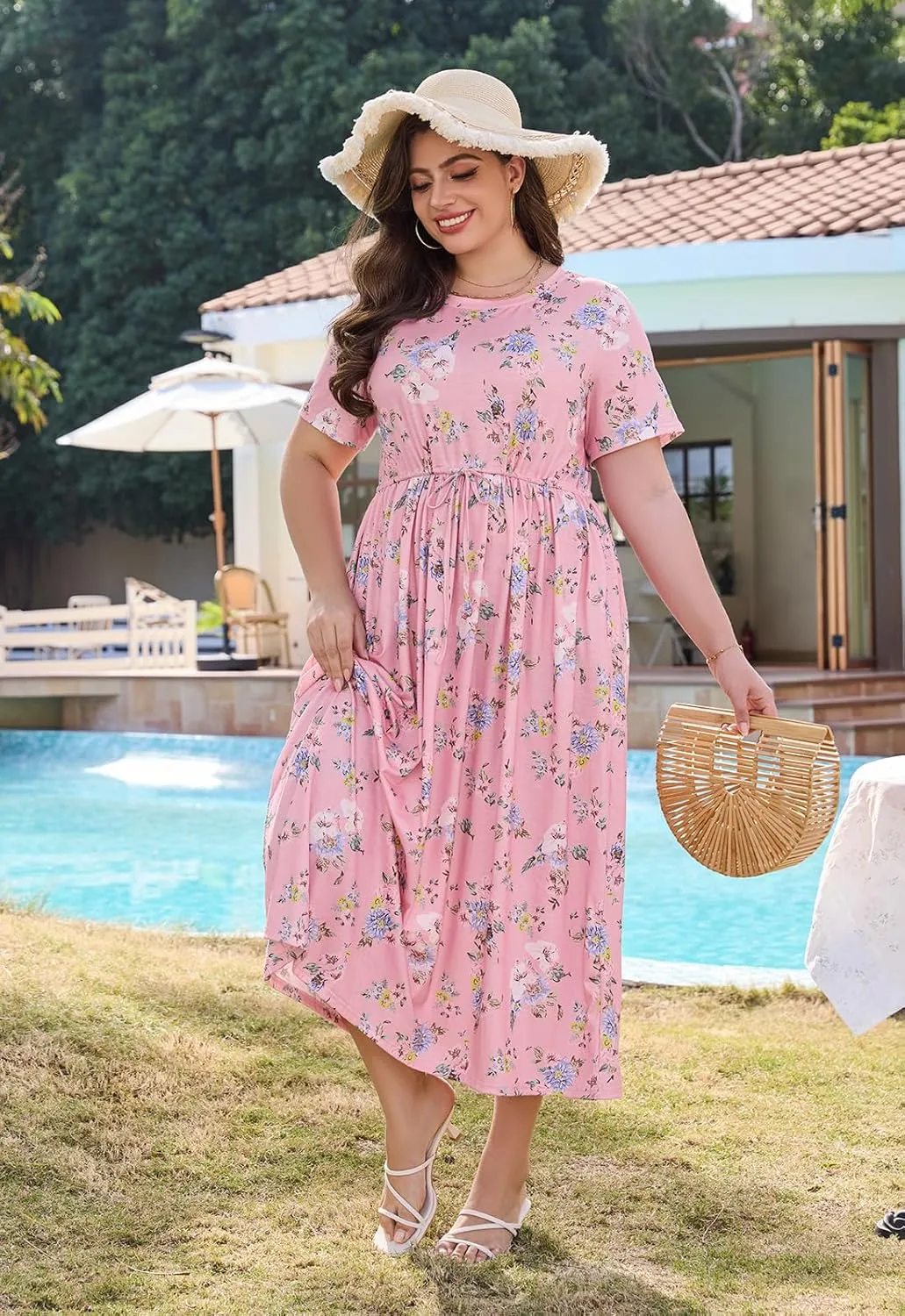 Keluummi Plus Size Summer Maxi Dresses for Curvy Women, Casual Floral Long Wedding Guest Sundress with Pockets