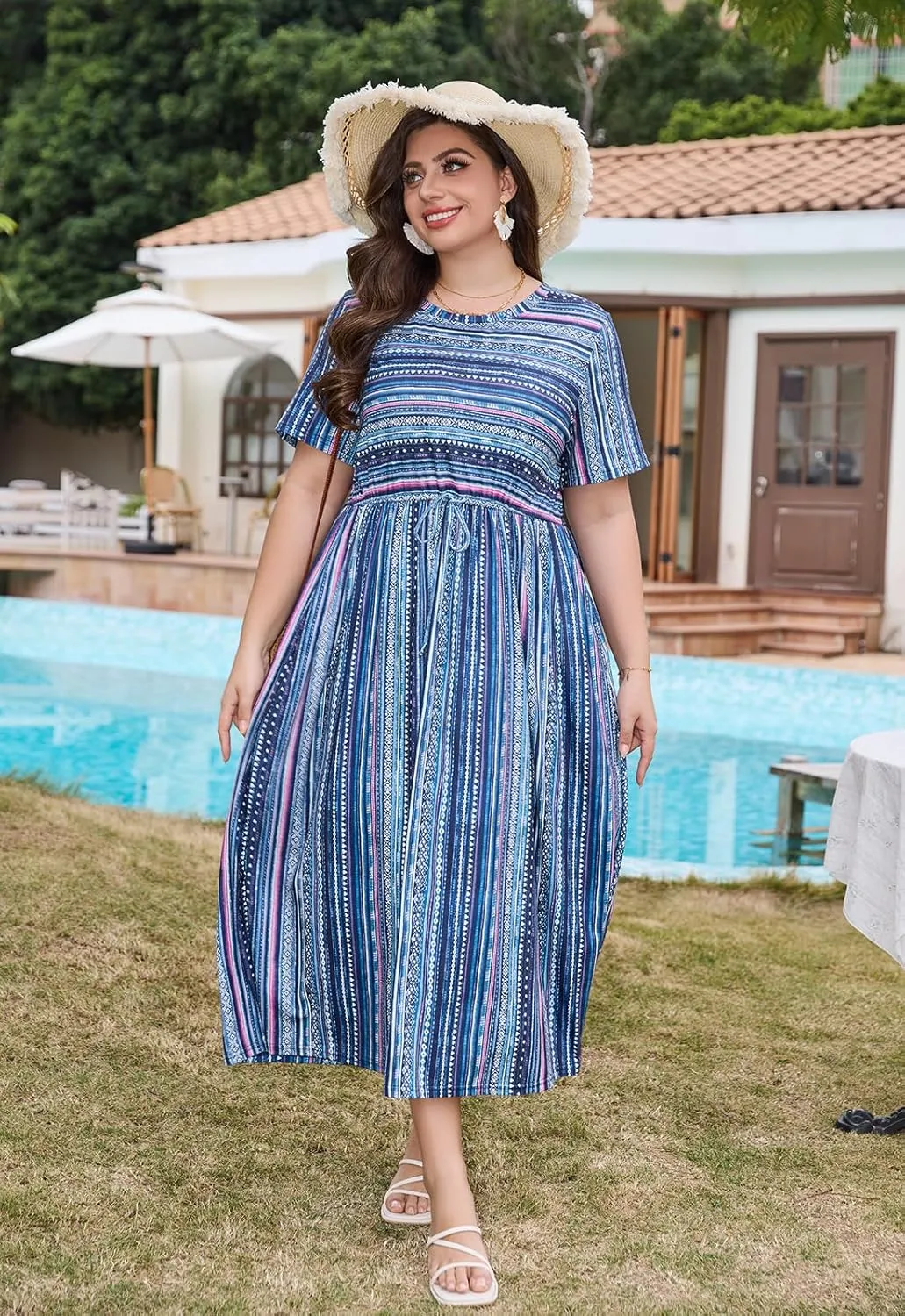 Keluummi Plus Size Summer Maxi Dresses for Curvy Women, Casual Floral Long Wedding Guest Sundress with Pockets