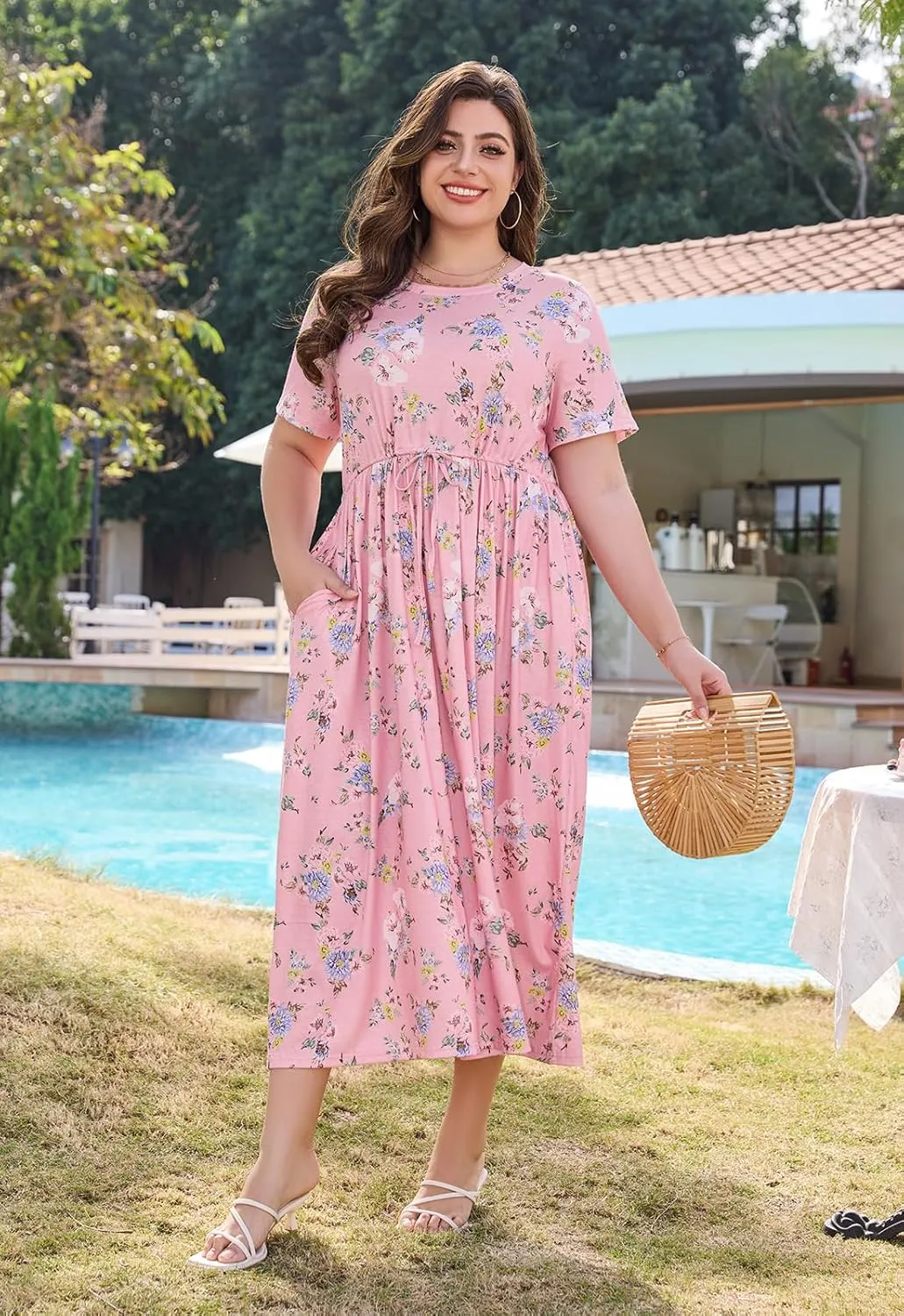 Keluummi Plus Size Summer Maxi Dresses for Curvy Women, Casual Floral Long Wedding Guest Sundress with Pockets